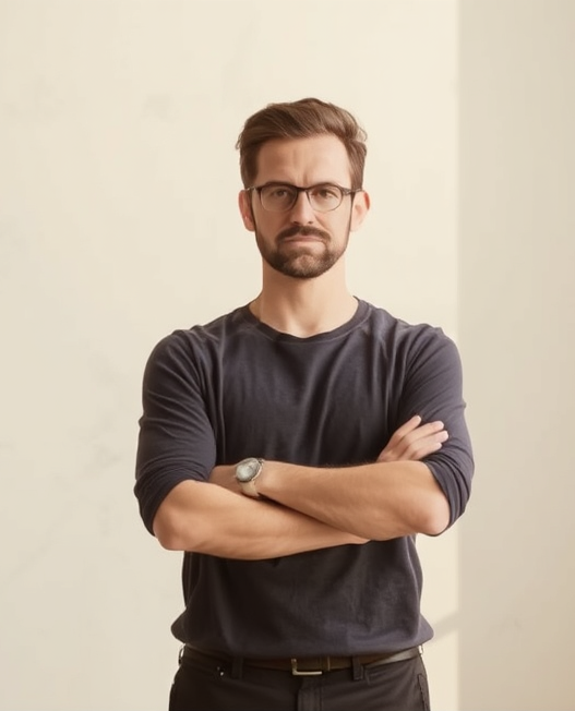 A man with glasses and a beard stands with his arms crossed, wearing a navy blue shirt and black pants, in front of a light-colored background.