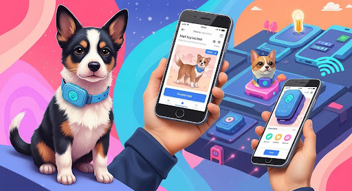 A digital illustration featuring a corgi wearing a tech-enabled collar, alongside a smartphone displaying a pet tracking app. The background features vibrant colors and technology-related icons, symbolizing advanced pet safety and tracking solutions.