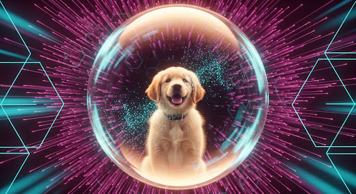 A digital illustration of a happy golden retriever puppy inside a glowing bubble, surrounded by vibrant pink and turquoise light patterns, symbolizing advanced pet safety technology.
