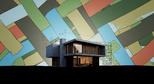 A modern, minimalist home featuring an eco-conscious design, set against a vibrant, abstract background of colorful geometric patterns.