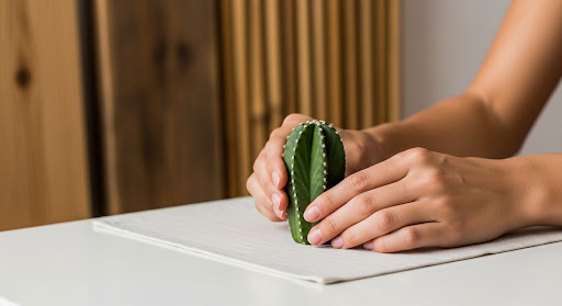 A person gently holding a decorative cactus on a minimalistic tabletop, surrounded by wooden elements, emphasizing a connection to nature in an intentional living space.
