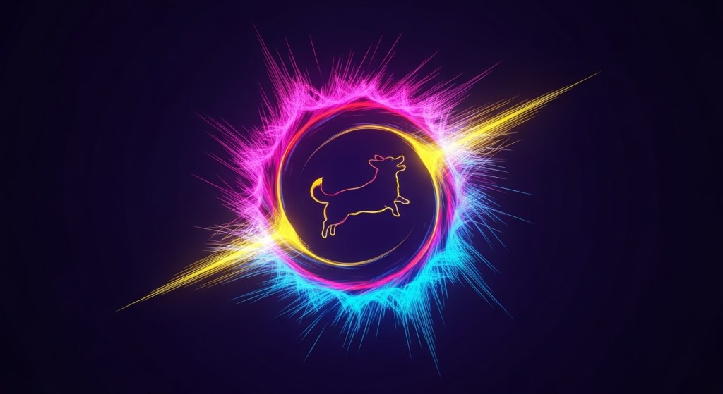 A colorful soundwave graphic featuring a silhouette of a dog, illustrating the concept of tailored audio environments for pets.