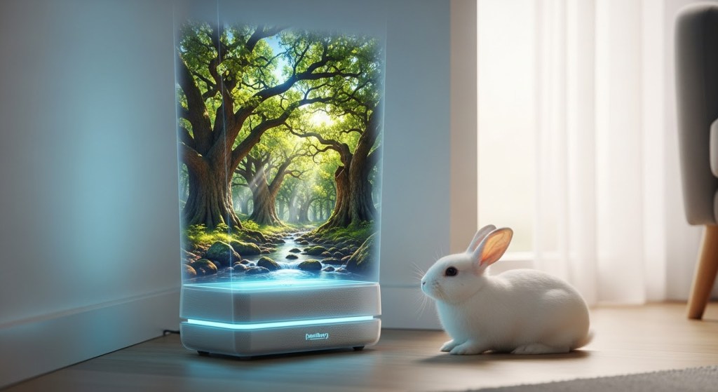 A white rabbit sits next to a device projecting a serene forest scene, featuring lush trees and a flowing stream, creating a calming atmosphere.