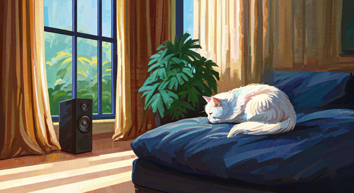 A serene living space featuring a sleeping white cat on a blue couch, with a speaker nearby and sunlight streaming through large windows, complementing a lush green plant.