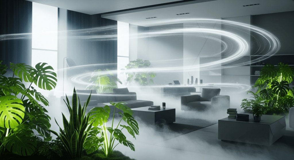 A modern living room filled with various indoor plants, showcasing greenery and enhancing the ambiance, with flowing light effects to signify fresh air and cleanliness.